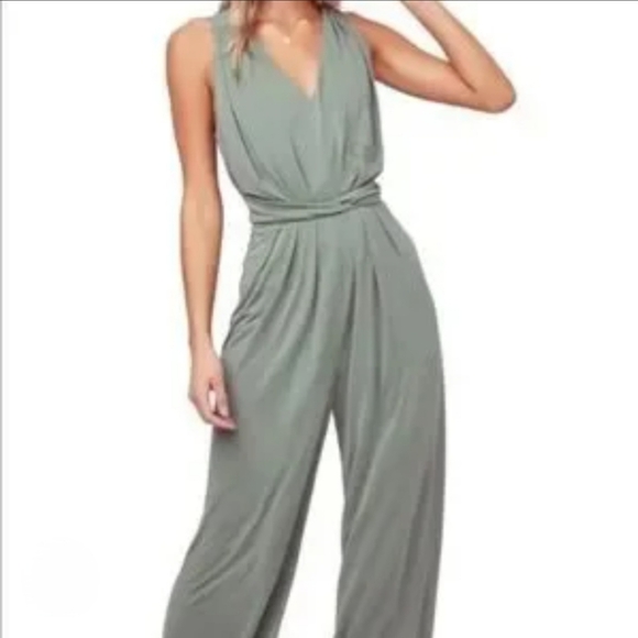 Astr Pants - ASTR Sleeveless V-Neck Cinch Waist Wide Leg Jumpsuit In Green